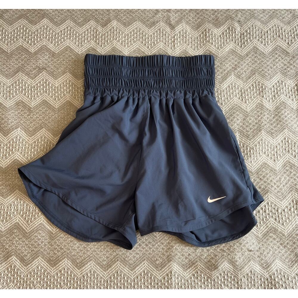 Nike Women's Navy High-Waist Athletic Shorts with White Swoosh
